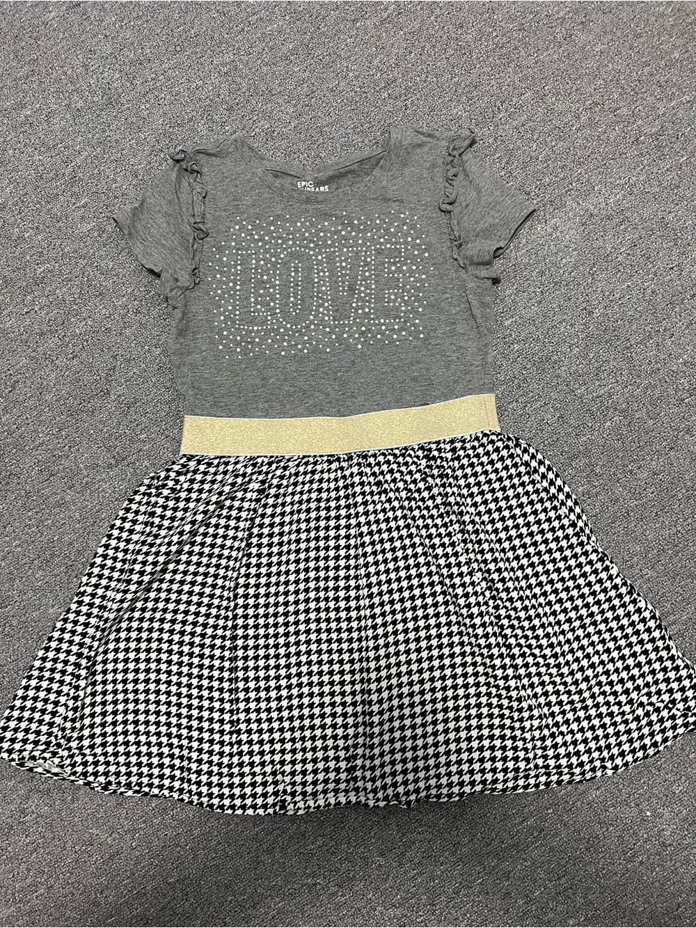 Girls Grey 'LOVE' Graphic Dress with Gold Waistband